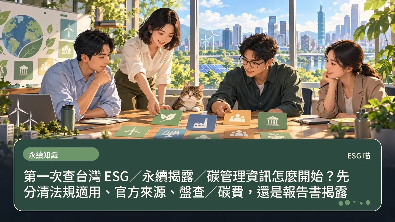 第一次查台灣 ESG／永續揭露／碳管理資訊怎麼開始？先分清法規適用、官方來源、盤查／碳費，還是報告書揭露主題插畫