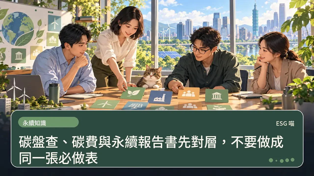 碳盤查、碳費與永續報告書先對層，不要做成同一張必做表主題插畫
