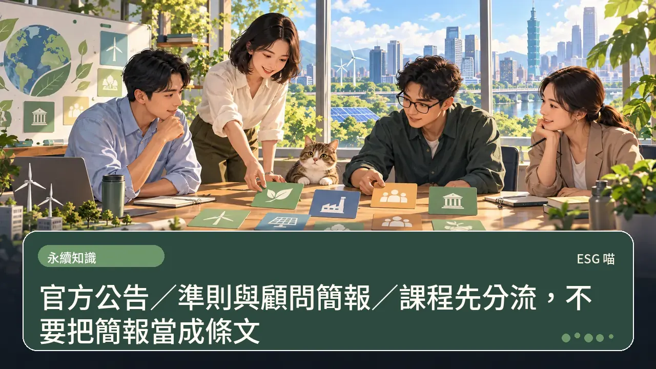 官方公告／準則與顧問簡報／課程先分流，不要把簡報當成條文主題插畫