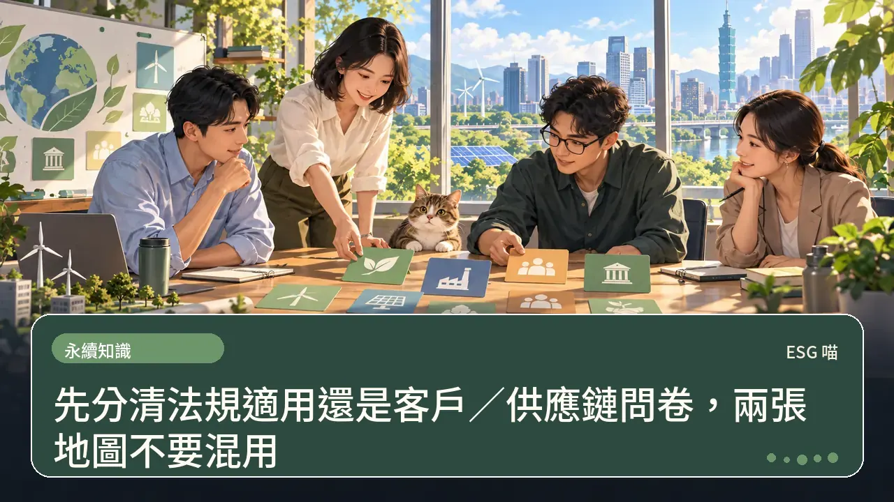 先分清法規適用還是客戶／供應鏈問卷，兩張地圖不要混用主題插畫