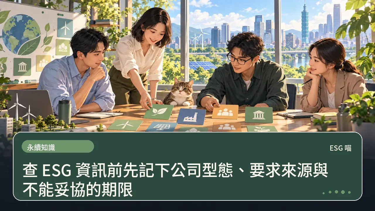 查 ESG 資訊前先記下公司型態、要求來源與不能妥協的期限主題插畫